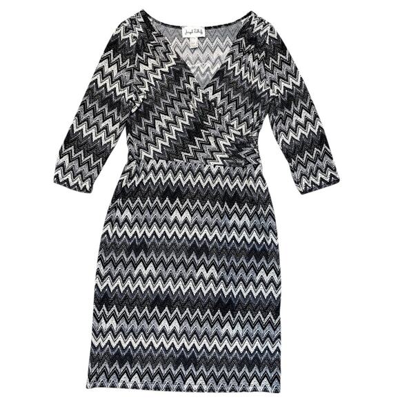 Joseph Ribkoff Black White Colorblock Stretch Zig-Zag Chevron Dress - Picture 2 of 16
